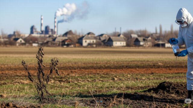 変色、異常な植物の成長、または廃棄された有害物質の存在など、土壌汚染の兆候が目に見える畑の広角ショット。 シーンは、汚染を示唆するさまざまな色の荒涼とした乾燥した風景を捉えており、背景には煙突から煙が立ち込める工場のぼやけた背景があります。 色あせた、手入れの行き届いていないように見える家がある近くの町のぼやけた描写は、土壌汚染の潜在的な影響を強調しています。 前景にある葉が枯れて成長が遅れている植物のクローズアップショットは、土壌汚染が地域の生態系に与える影響を示しています。 手袋やマスクなどの保護具を身に着けた人が、畑で土壌サンプルを採取しています。 画像は、早急な対応と、修復努力を通じて環境ハザードに対処する必要性を想起させます。