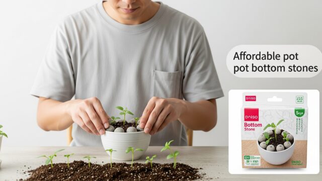 ダイソーの鉢底石を手頃な価格で使いやすく、植え付けに使用している日本人男性の画像。