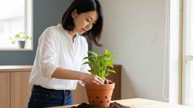 水はけの良い土と複数の排水穴がある鉢で、日本人女性が植物を植えている場面。