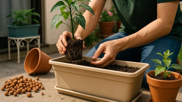 ベランダでプランターに野菜の苗を植える日本人男性の手元。鉢底石が見当たらず、土だけで植え付けている様子。