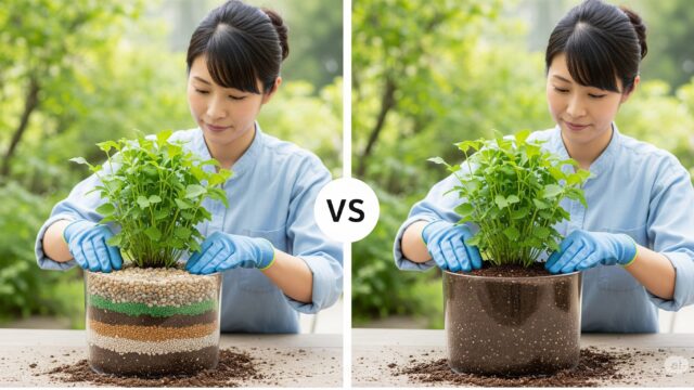 鉢底石を使用した場合としない場合を比較している、日本人庭師が2つの同じ植物を植えている画像。
