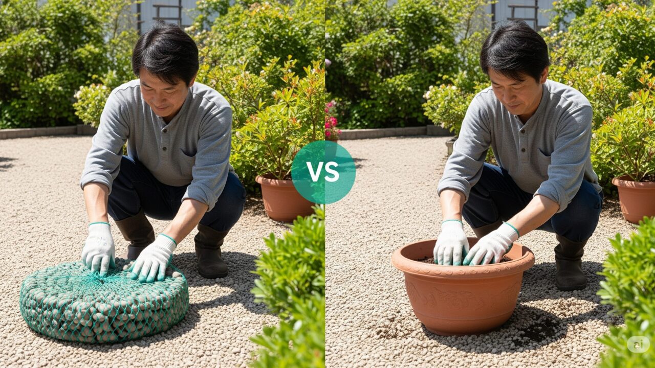 鉢底石をネットに入れて使用する場合と、使用しない場合を比較している、日本人庭師の画像。