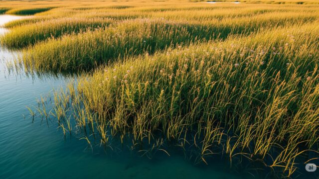 夕日の柔らかな黄金色の光に包まれた塩性湿地で繁茂する、活気に満ちた雑草の配列を捉えた、ハイアングル、ワイドショットの写真。 草や花が混在する雑草は、海岸のそよ風にそっと揺れています。 濃い青緑色の塩水は、雑草の根元に打ち寄せ、その表面に空を映し出しています。 色は豊かで鮮やかで、自然で手付かずの環境を示しています。 全体的な印象は、静けさと、困難な環境における生命の回復力です。 この画像は、雑草と塩水が絡み合ってユニークで魅惑的な風景を作り出す、沿岸生態系の生の美しさを伝えています。
