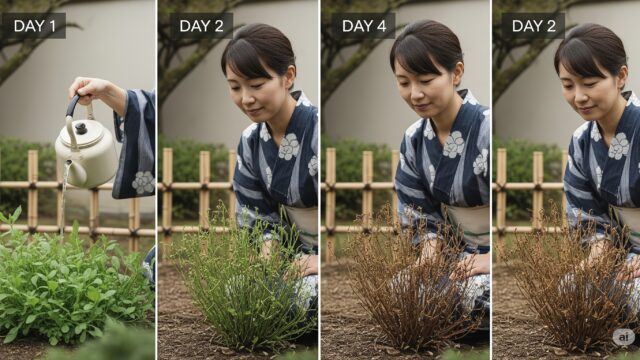 4枚のクローズアップ画像で、それぞれ日本の庭で熱湯を使って雑草を駆除する異なる段階を捉えています。1日目：濃い髪で、伝統的な浴衣を着た日本の女性が、鮮やかな緑色の雑草の茂みにやかんから沸騰したお湯を注意深く注いでいます。2〜4日目：雑草は次の数日間で徐々に茶色くしおれていきます。穏やかで集中した表情の女性は、背景に小さな竹垣のある静かな日本の庭で、その過程を見守っています。各写真は落ち着いた色調で、静けさと自然な変化の感覚を伝えています。画像は、持続可能な方法で庭を管理する日本の庭師の細心の注意と忍耐強いアプローチを強調しており、柔らかく均一な照明効果のために自然光を使用し、わずかな被写界深度を与えています。