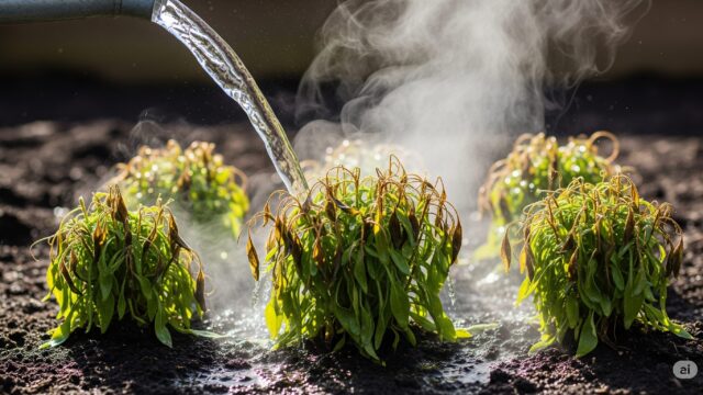 詳細なクローズアップショットは、しぶとい雑草の茂みに熱湯が注がれる瞬間を捉えています。ジョウロから出る水は、カスケード状の弧を描き、雑草をたちまち垂れ下がらせ、変色させます。水が雑草に当たると、デリケートな渦巻き状の蒸気が立ち上り、強烈な熱を示しています。周囲の土壌は湿っていて暗く、いくつかの水滴が残っています。背景は庭のわずかにぼやけた景色で、見る人は熱湯が雑草に与える変化に焦点を当てることができます。色は鮮やかで、手つかずの雑草の濃い緑色が、焼かれたことで急速に茶色くなる葉と対照的です。画像は、浅い被写界深度と自然光でコントラストを強調した写真スタイルで、熱湯が雑草に与える即時の効果を明瞭かつ高解像度で捉えています。