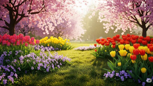 満開の桜、可憐なスミレ、色とりどりのチューリップが咲き誇る4月の風景。春の柔らかな日差しが降り注ぎ、それぞれの花が持つ意味を静かに表現している。 タイトル：4月の花の花言葉に込められた想い