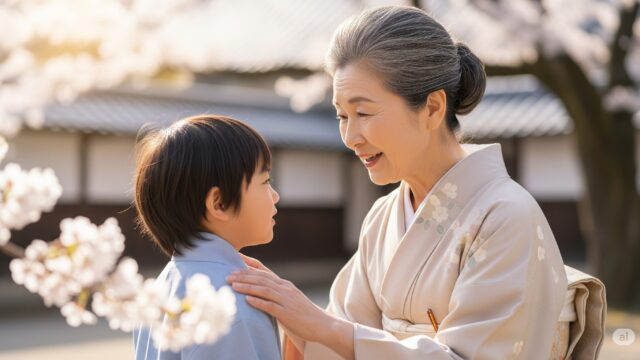 縁側で、日本人の祖母が孫に寄り添い、「生きる力」について優しく話している。孫は祖母の言葉に真剣に耳を傾けている。