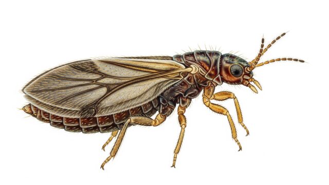 アザミウマの科学的なイラスト。細長い体と縁取られた羽、口器、触角が詳細に描かれている。