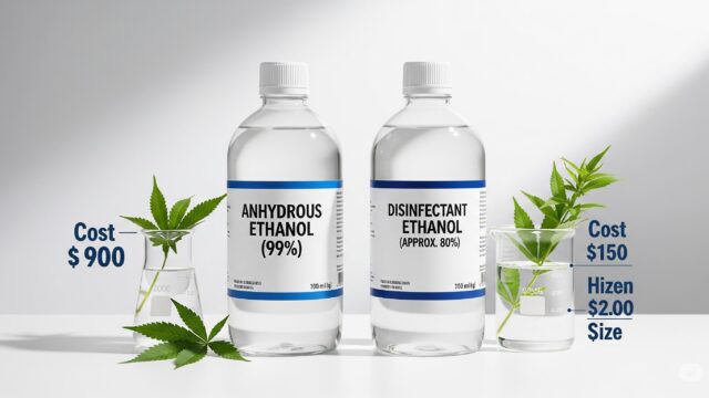 無水エタノール（99%）と消毒用エタノール（約80%）のボトルが並べられ、抽出への使用を示唆する画像。