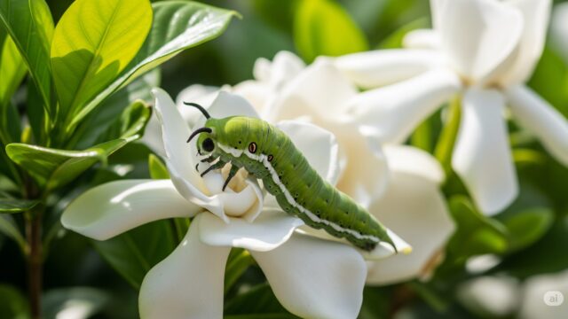 この画像は、静かな庭のクチナシの豊かな白い花の中にいるオオスカシバの幼虫を、詳細なクローズアップでマクロ撮影したものです。幼虫の鮮やかな緑色の体、複雑な模様、そして目立つ角が鮮明に捉えられており、その独特な特徴が強調されています。柔らかな自然光が葉を通して差し込み、優しい影を落とし、幼虫とクチナシの花びらの繊細な質感を際立たせています。背景は柔らかくぼかされており、幼虫とクチナシの花が際立ち、この鮮やかな自然のシーン全体の美しさを高めています。構図は、幼虫の複雑な細部とクチナシの花との相互作用を強調し、庭の静けさの瞬間を捉えています。