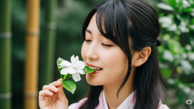 クチナシの葉を噛んでいる日本の少女のクローズアップ写真。少女は伝統的な日本の髪型で、淡いピンクの着物を着ている。