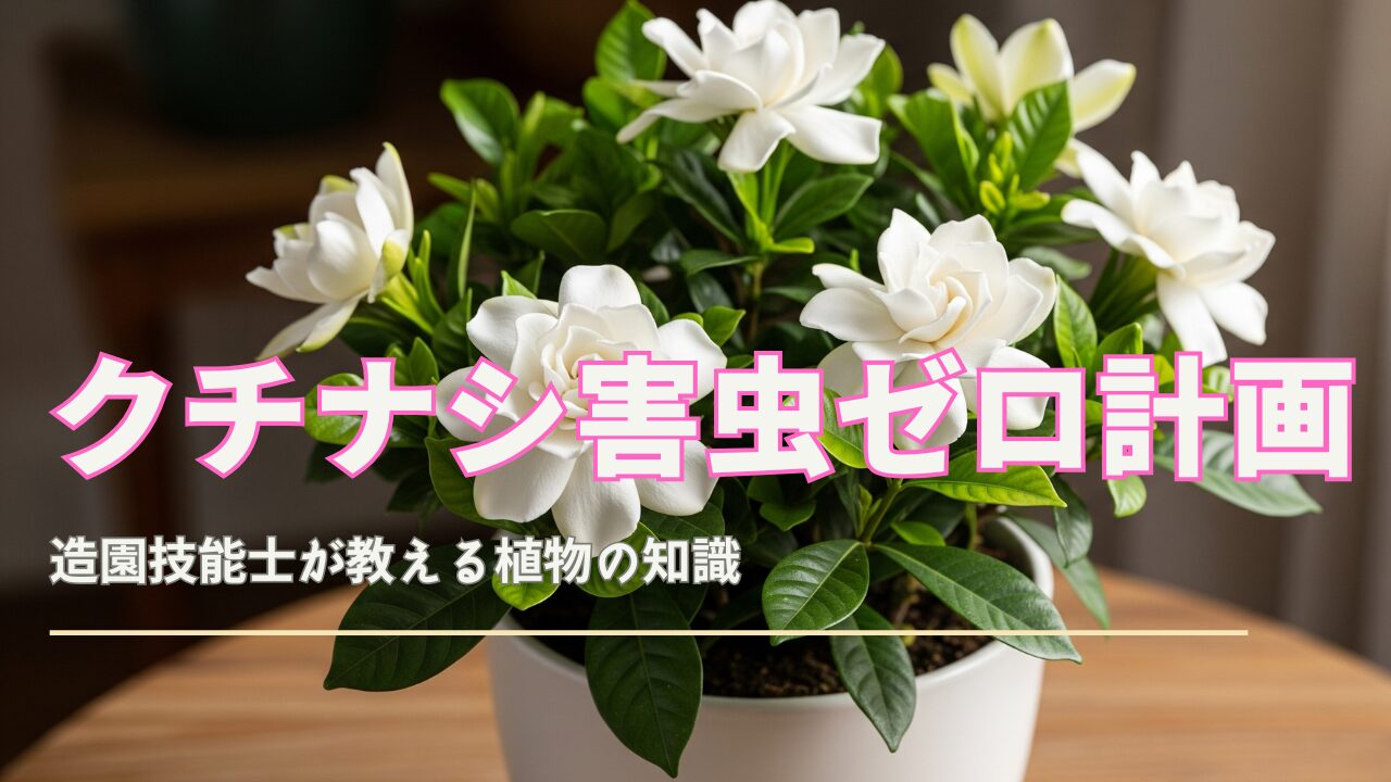 白い陶器の鉢に入ったクチナシの鉢植え。香りの良い白い花と光沢のある緑の葉が特徴。木製のテーブルの上に置かれ、自然光が当たっている。