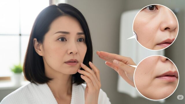 日本の女性が、シミ、しわ、たるみといった肌の悩みを抱え、鏡を見ながら心配そうな表情をしています。手元にはスキンケア製品があり、肌のケアと注意点の重要性を表しています。