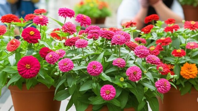 色とりどりのジニアが植えられた複数の鉢の寄せ植えが並び、それぞれの鉢で異なる品種や色の組み合わせが楽しめる。背景には、庭で手入れをする日本人のシルエットが穏やかな雰囲気を添えている。