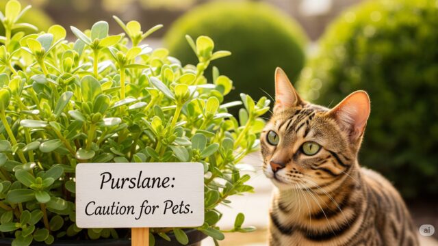 緑の葉が茂るスベリヒユの植物と、その近くにいる猫が写っており、「スベリヒユ：ペットへの注意」と書かれた警告標識がある。