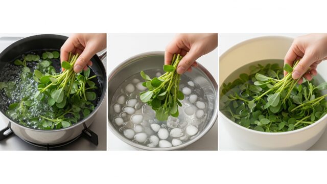 スベリヒユを沸騰したお湯で下茹でし、その後氷水に浸し、最後にきれいな水にさらしている様子を写した一連の調理写真。