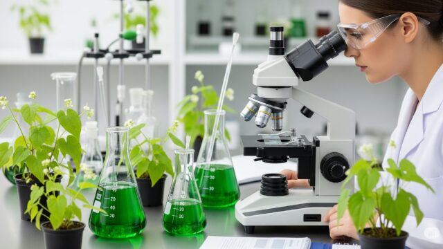 研究者が白衣と保護メガネを着用し、顕微鏡でドクダミの細胞を観察しています。周囲にはビーカーに入ったドクダミチンキ溶液や、ドクダミの植物が配置されており、科学的な研究室の雰囲気を醸し出しています。