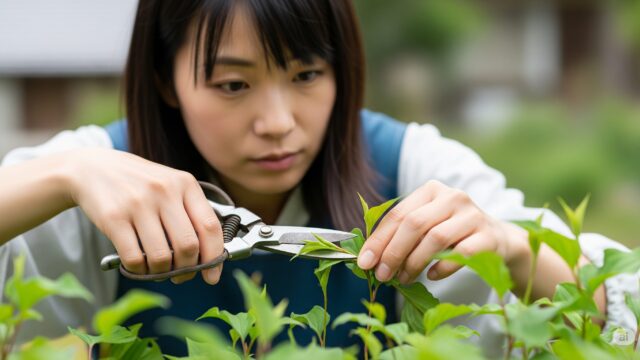 日本人女性がハサミでドクダミを切り取っているクローズアップ画像。
