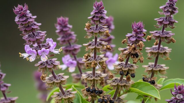 バジルの花が咲き、一部が乾燥して種を形成している様子