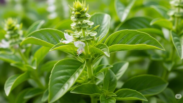 鮮やかな緑のバジルに咲く白い花のクローズアップ