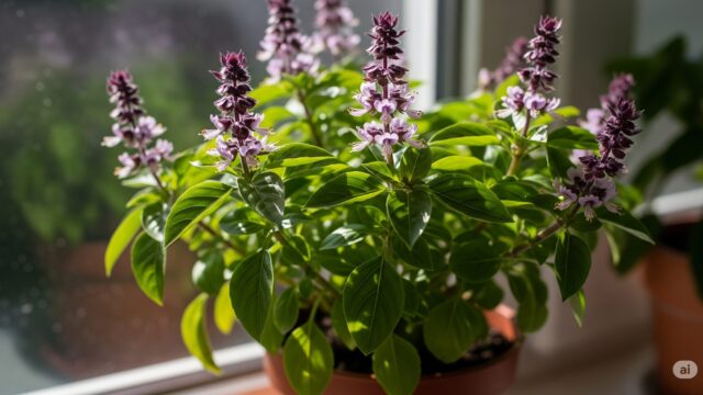 テラコッタの鉢で淡い紫色の花が咲いているバジル