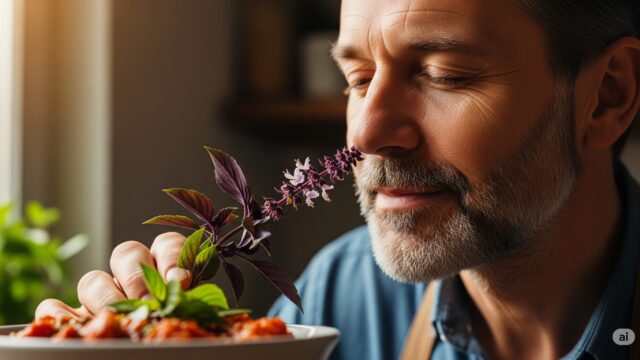 バジルの花を添えた料理を前に、その美しさと香りを堪能している様子