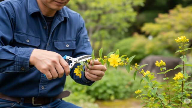 日本人庭師が、柔らかいヒペリカムの枝を剪定している。手元には鋭いハサミがあり、切り口は綺麗。背景は緑豊かな庭。