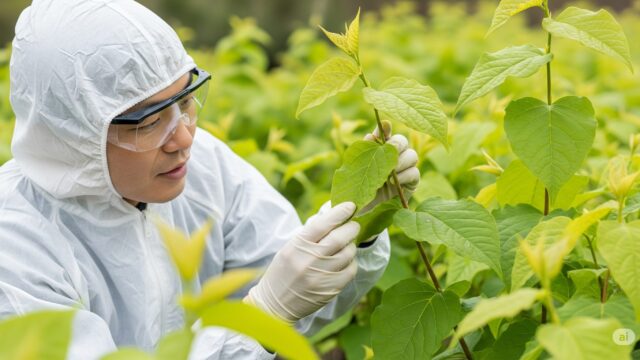 健康なヒメツルソバの葉を観察している日本人の研究者。葉にはアブラムシが見られず、自然な害虫抵抗性を示唆しています
