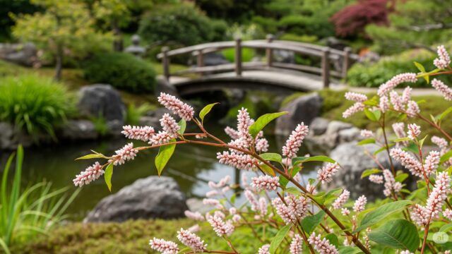 日本の庭園で、控えめなピンクと白の球状の花を咲かせ、庭のアクセントとなっているヒメツルソバ。