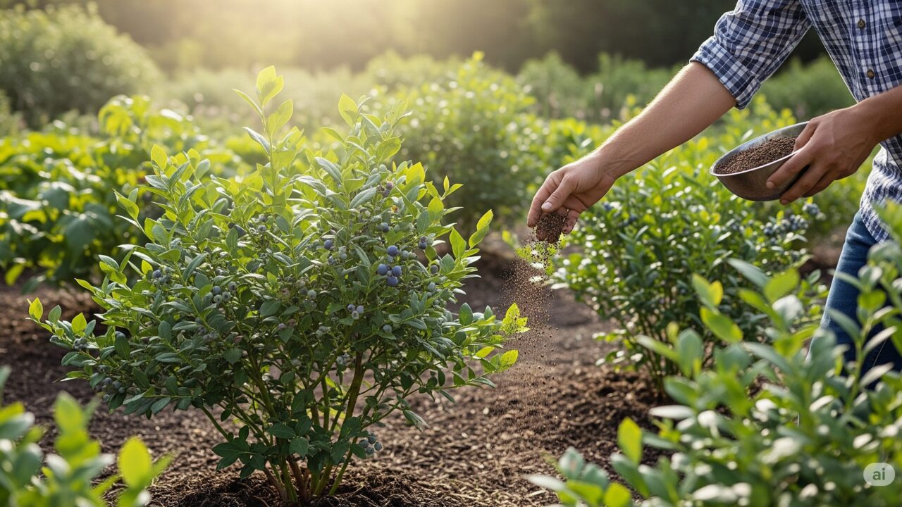 ブルーベリーの木の根元に有機肥料を慎重に与えている人物の写真。