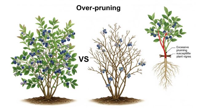 ブルーベリーの剪定のしすぎが、実の減少、成長の遅れ、病気にかかりやすくなるなど、植物に与える影響を示すイラスト。健康なブルーベリーの木と、剪定しすぎた木が比較されている。