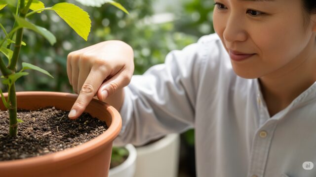 日本人の手が植木鉢の土に指を差し入れ、土の乾き具合を確認している。指は第二関節まで土に触れている。