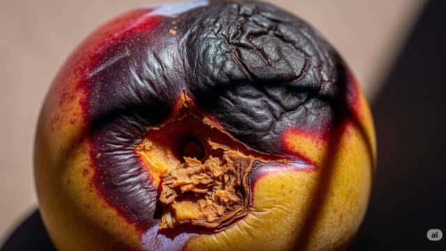 直射日光と水不足により黒く変色し、しわが寄った果実。