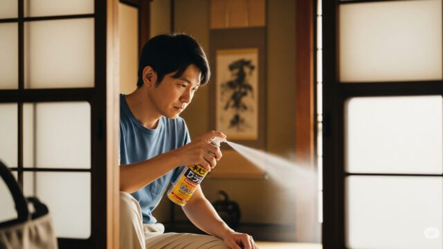 和風の家で、日本の男性が害虫駆除スプレーを散布している写真。