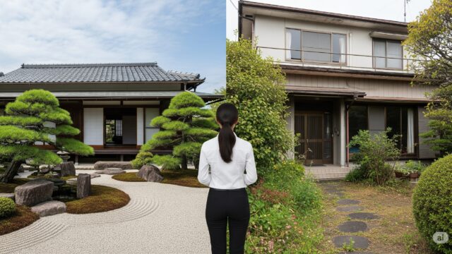 手入れの行き届いた日本庭園がある家と、荒れた庭がある家が並んでおり、専門家らしき人物が両方を観察している。