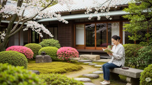 手入れの行き届いた美しい日本庭園と、そこで本を読んだりお茶を飲んだりして穏やかな時間を過ごす日本人の姿。