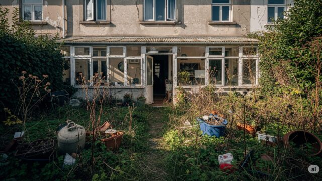 雑草が生い茂り、枯れた植物や散乱したゴミがある荒れた庭と、手入れされていない家屋の様子。