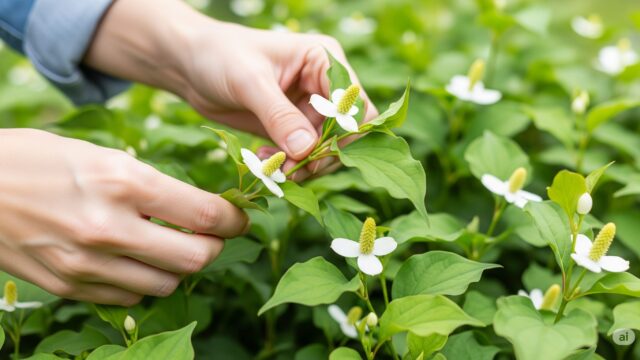 庭でドクダミの健康な葉と花を収穫している手のクローズアップ。