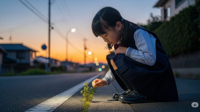 夕暮れの帰り道、学校の制服を着た日本人の子供が、道端の雑草にしゃがみこんで興味深そうに見つめている。