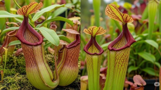 大型のツボカズラ属と筒型のサラセニア属の食虫植物が並んでおり、それぞれのユニークな捕虫器が強調されています。