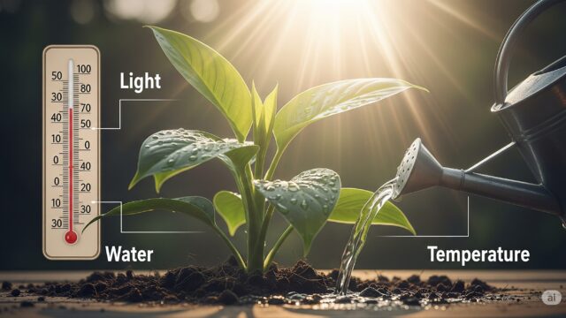 明るい日光を浴び、水滴が葉に輝き、温かい光に包まれた健康な植物。