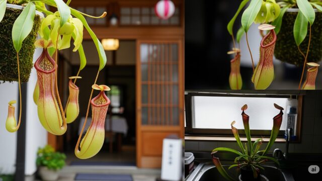 明るい玄関に置かれたウツボカズラと、キッチンシンクの下に置かれたサラセニア。