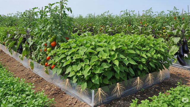  畑でトマトとナスの間に植えられたドクダミと、その周囲に設置された根止めシート。