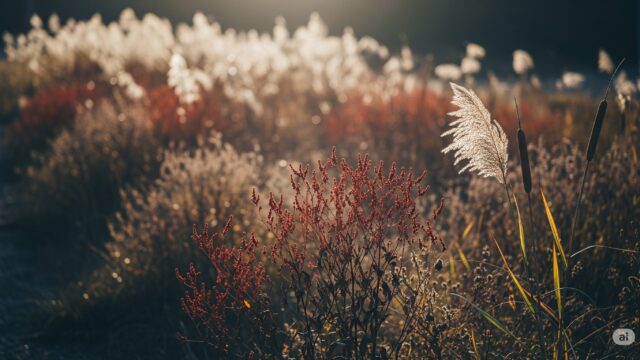 秋の穏やかな日差しの中、道端に生えるイヌタデ、ススキ、オギなどの雑草が、それぞれの花言葉を象徴するように静かに佇んでいる。 