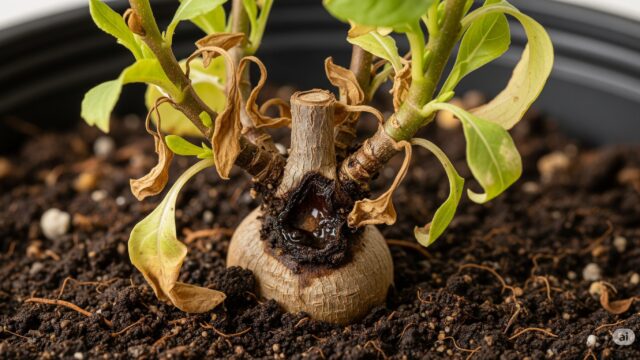 再利用された培養土の中でしおれ、成長が阻害されている不健康な植物。葉は黄色く、土にはカビのようなものが見える。