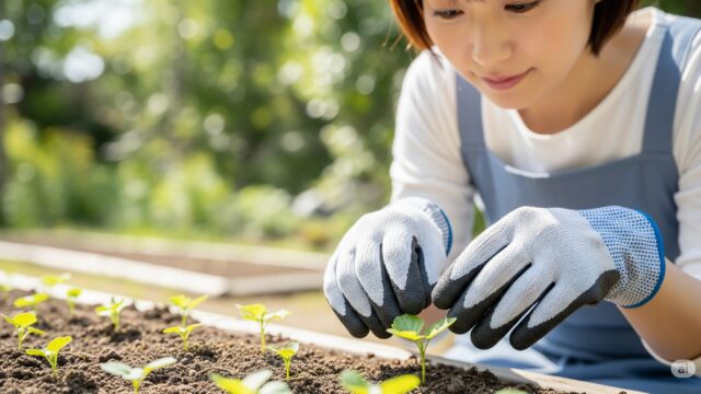肌が敏感な方が園芸作業などを行う際には、軍手を着用することで肌を保護し、安心して作業に取り組むことができます。この画像は、軍手を着用して作業している様子を捉えています。