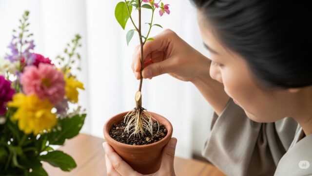 日本人が花束から切り取った枝を鉢に植え、新しい苗に育てている。根と新しい葉が伸びており、窓からの光が当たっている。