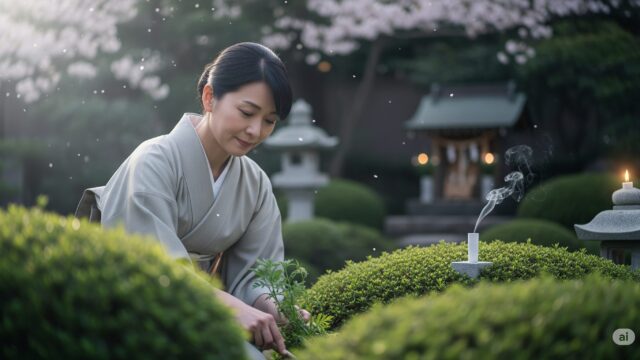 穏やかな表情で庭の草むしりをする日本人。周囲には優しい光や微かな精神的なシンボルがあり、浄化や清めの意味合いを表現している。