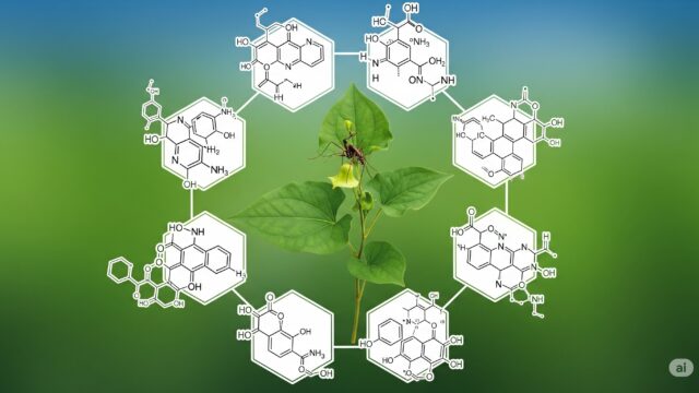 ドクダミの植物とその蚊を寄せ付けない香りの成分を表す様式化された分子のイラスト。