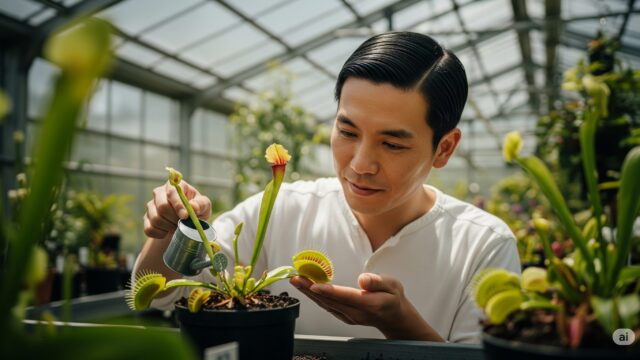 ハエトリグサに水をやり、世話をしている日本人の男性。